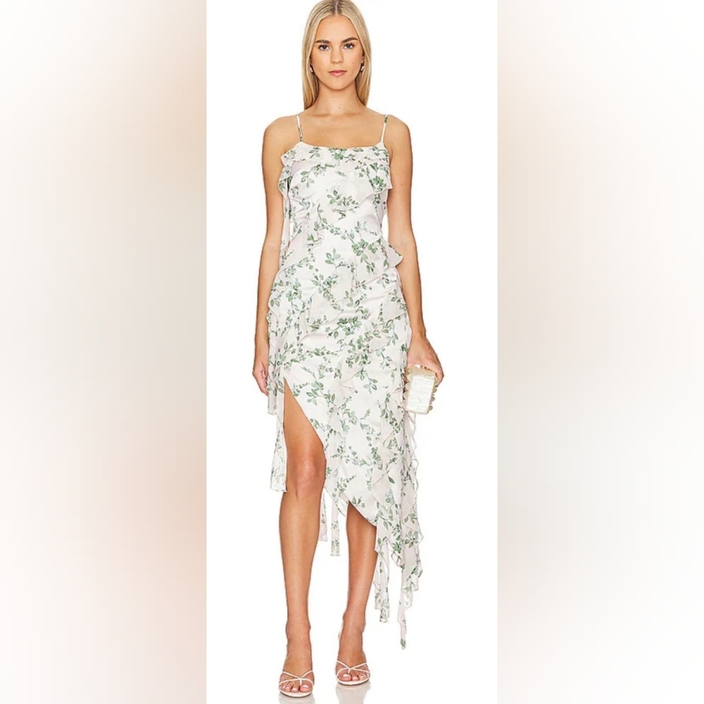 $495 MISA Los Angeles ILYSA MID-LENGTH DRESS Size Med White Floral Sage.